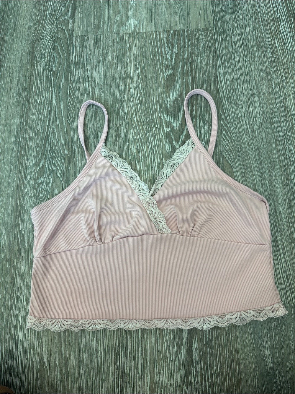 Ribbed Lace-Trim Top - Blush